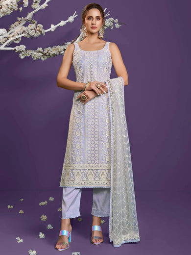 Lavender Lucknowi Work Net Party Wear Straight Salwar Suit